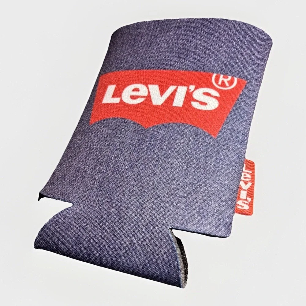 Levis Denim Print Neoprene Can Cooler Koozie Set of 2 Red Batwing Logo Two Horse